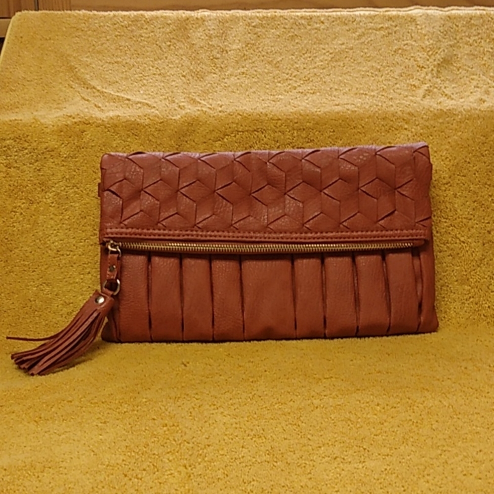Clutch, foldover tasselled, orange/rust vegan